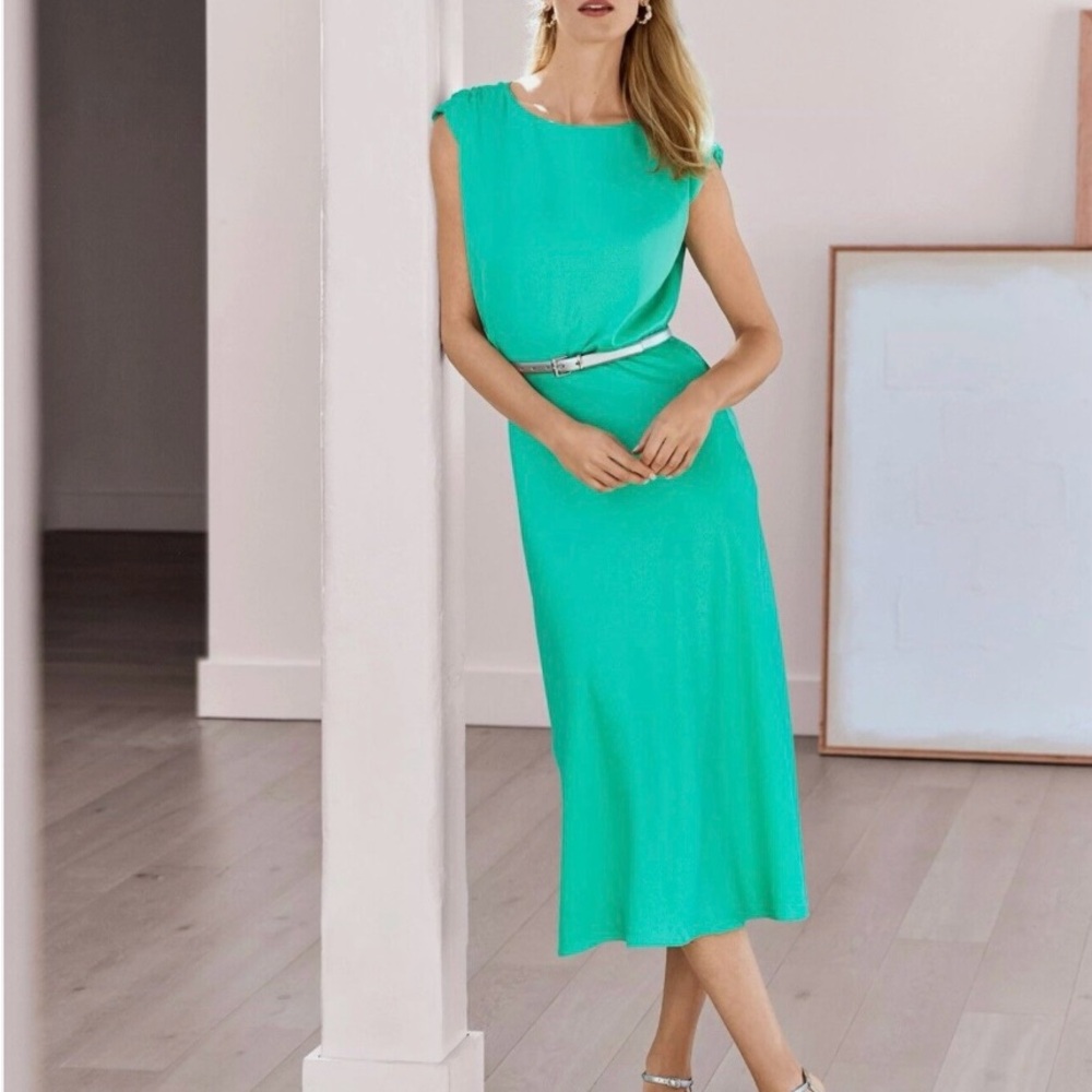 Satin Turquoise Shirred Shoulder Midi Dress
